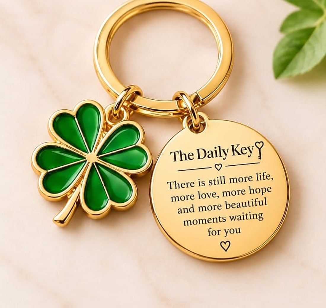 Gold keychain with a green enamel four-leaf clover and an engraved gold disc on a blush marble surface