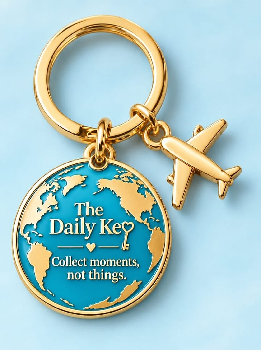 Gold keychain with a turquoise enamel globe disc and a small gold airplane charm