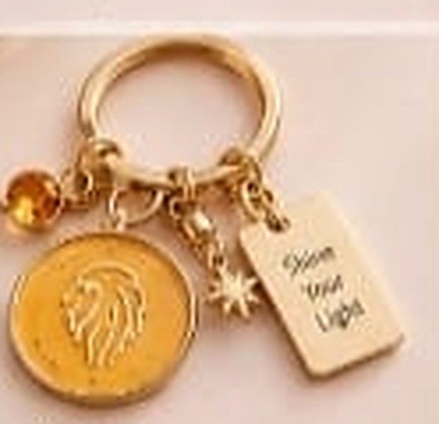 Leo zodiac keychain with a gold ring, enamel sign disc, crystal, star charm and tag reading Shine Your Light